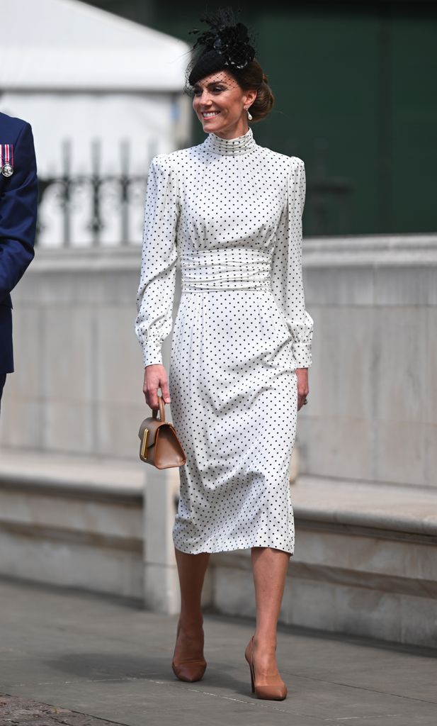 The Princess of Wales wears a white polka dot dress outside Westminster Abbey in May 2025