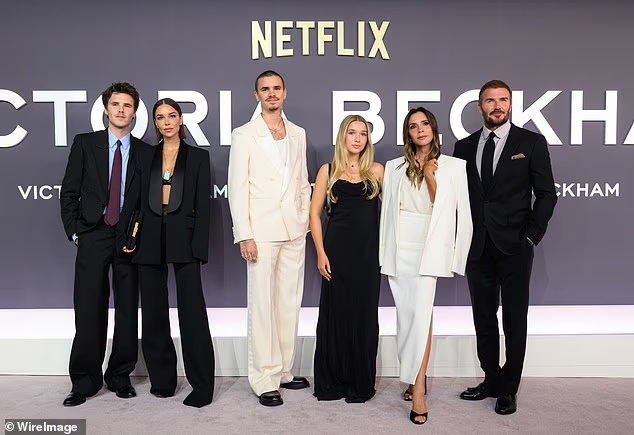 After watching the first two episodes of the series the group headed to Private Members' Club Loulou's in Mayfair, London, to toast the release (L-R) Cruz Beckham, Jackie Apostel, Romeo Beckham, Harper Beckham, Victoria Beckham and David Beckham