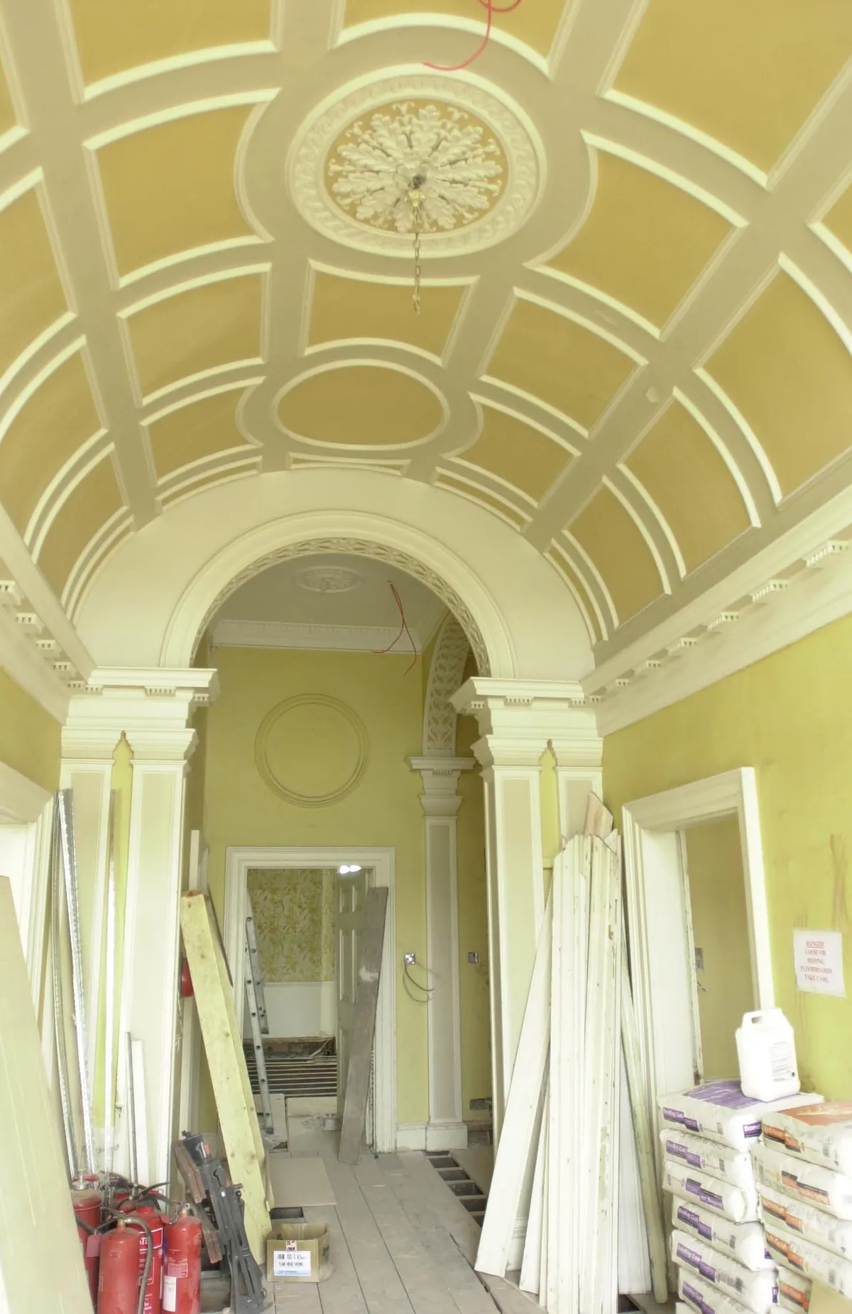The entrance hall of the Grade II-listed Forest Lodge, in Windsor Great Park, Berkshire, a Georgian mansion once admired by both King George IV and King Edward VIII which will soon be available for rent it was announced. *...The 8 bedroomed house is currently undergoing 1.5 million restoration work to retain its fine period detail but will be ready for occupation in the autumn for 15,000 a month. It features original stonework, elaborate plaster cornices and ceiling decoration, exquisite marble fireplaces, Venetian windows and a half-barrel vaulted hallway ceiling and is worth an estimated 5.5 million