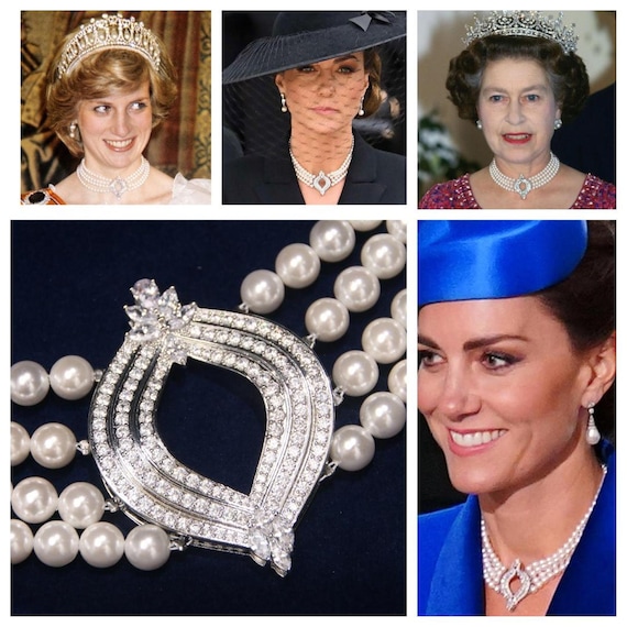 Queen Elizabeths 4 Row Japanese Pearl & Diamond Choker Reproduction With Genuine Shell Pearls, 5A Cubic Zirconia. Princess Kate. - Etsy