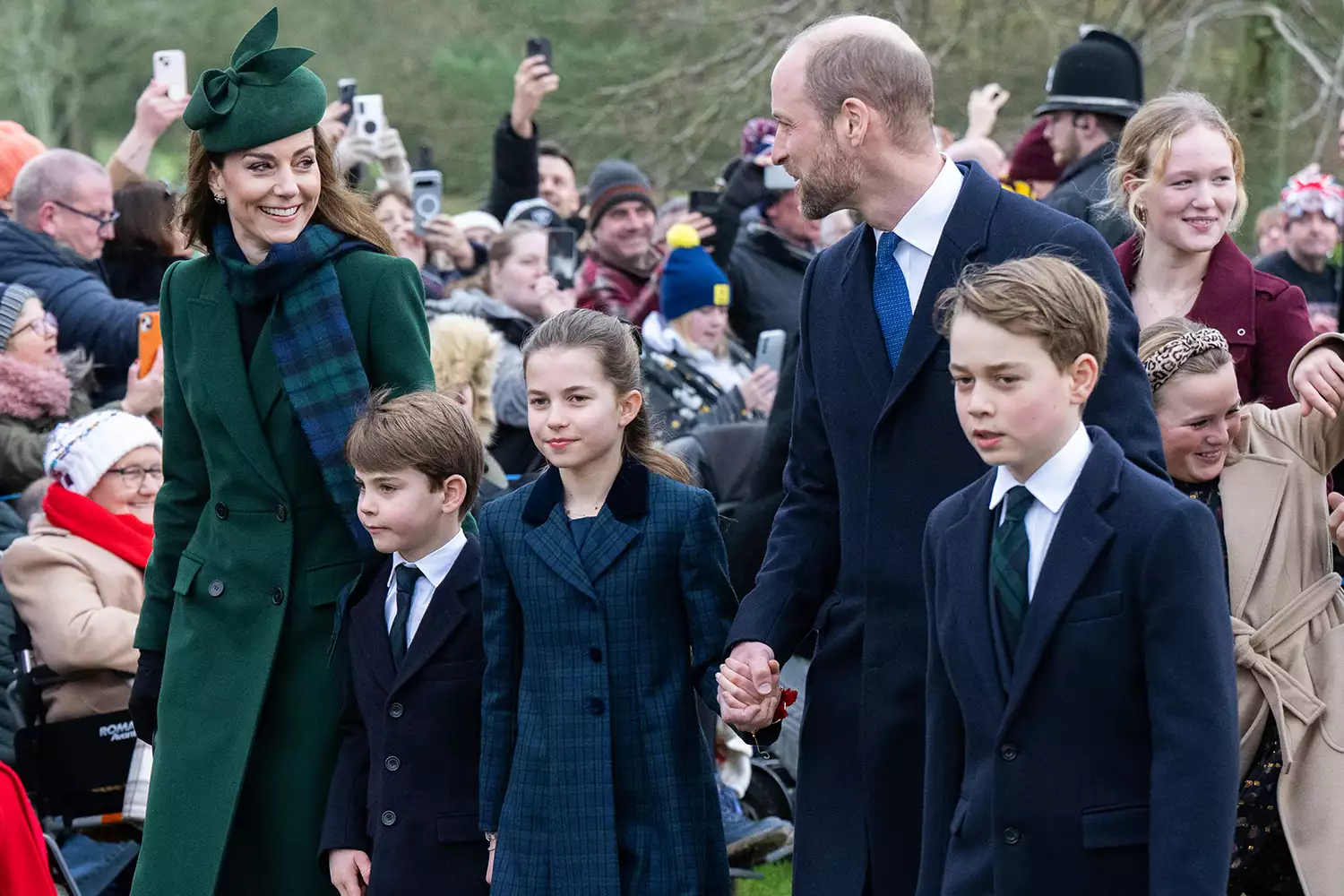 Catherine, Princess of Walesm Prince Louis of Wales, Princess Charlotte of Wales, Prince William, Prince of Wales and Prince George of Wales attend the Christmas Morning Service at Sandringham Church