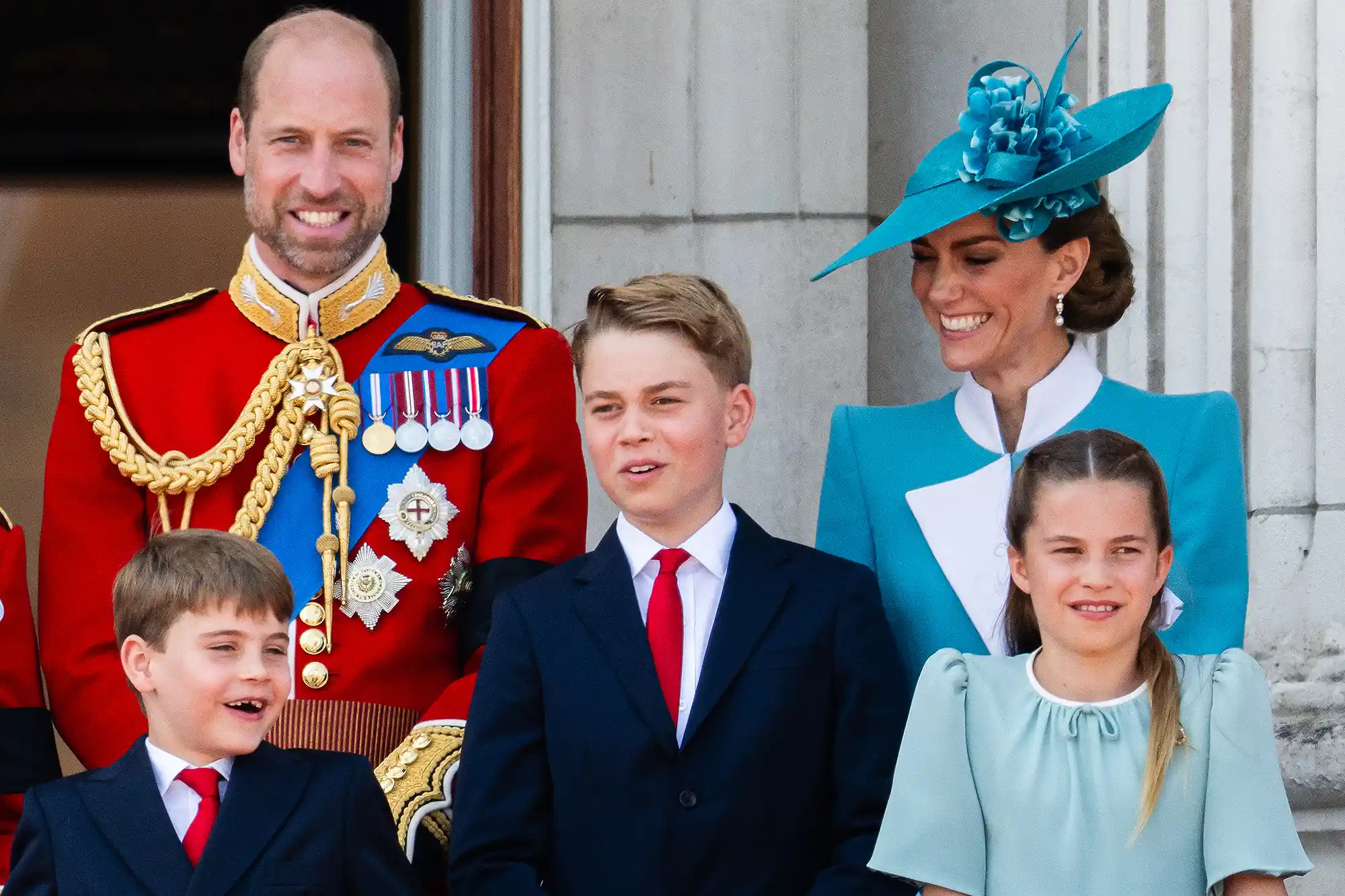 Prince Louis of Wales, Prince William, Prince of Wales, Prince George of Wales, Catherine, Princess of Wales and Princess Charlotte of Wales during Trooping The Colour 2025 on June 14, 2025 in London, England.