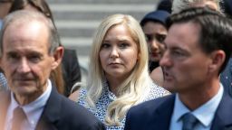 Virginia Giuffre, an alleged victim of Jeffrey Epstein, center, exits from federal court in New York, U.S., on Tuesday, Aug. 27, 2019. Epstein, a convicted pedophile, killed himself in prison earlier this month while awaiting trial on charges of conspiracy and trafficking minors for sex. Photographer: Jeenah Moon/Bloomberg via Getty Images