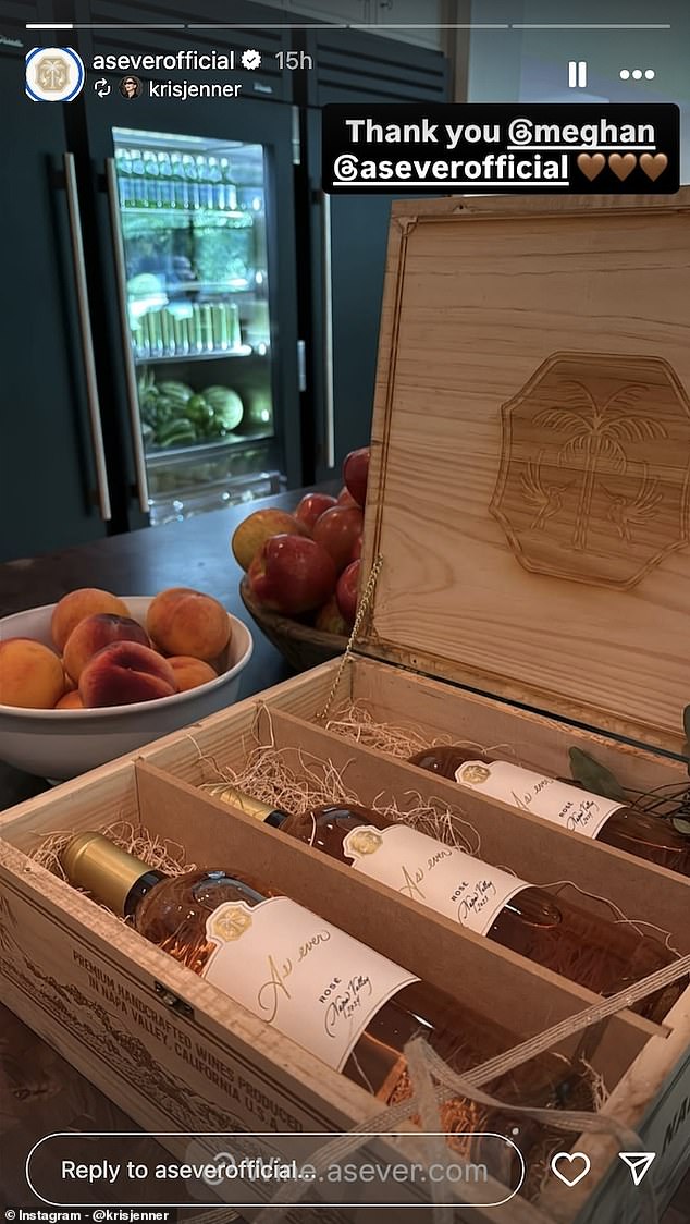 Kris Jenner shared a snap of the wine Meghan sent her - while remembering to tag the Duchess and her brand As Ever