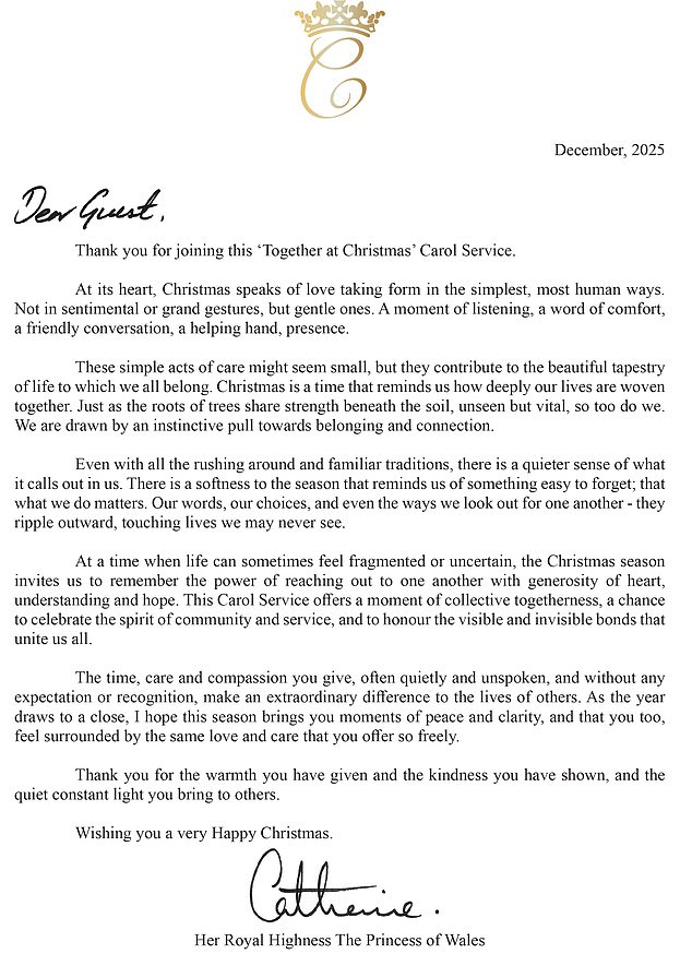 In a letter that will be available to all guests, the princess has praised community stalwarts invited to the service, telling them they are making an 'extraordinary difference to the lives of others'
