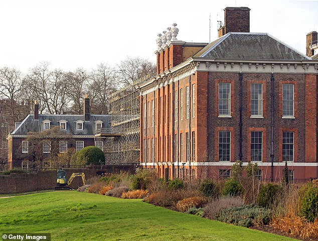 The 20-room regal residence Apartment 1A (pictured, covered in scaffolding when undergoing renovation in 2013) takes up half a wing and features five reception rooms, three main bedrooms, dressing rooms, a night and day nursery, staff quarters and a basement floor featuring a gym and a laundry space