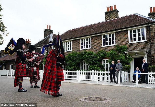 The amount of rent paid by the couple has never been disclosed. Pictured: The couple outside the property, with their son Lord Nicholas Windsor, watching three pipers from the Royal Scots Dragoon play to mark the Duke's 89th birthday last year