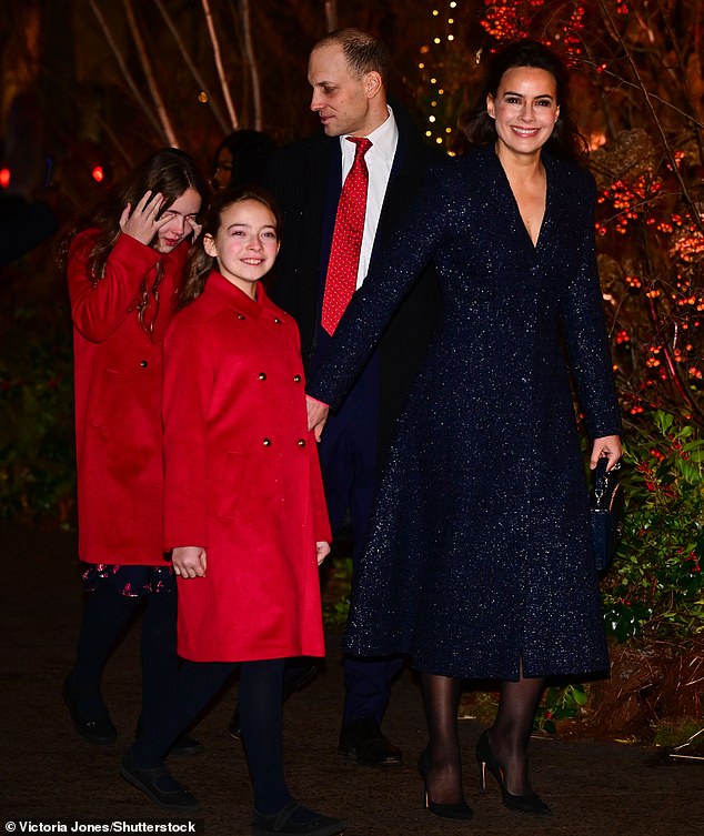 Lord Frederick Windsor arrived with his wife, Sophie Winkleman, and their daughters Maud Windsor and Isabella Windsor