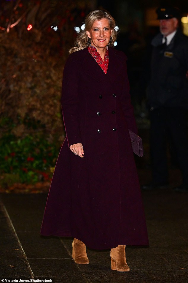 Sophie, the Duchess of Edinburgh, donned a burgundy coat for the concert this evening - and wore suede boots
