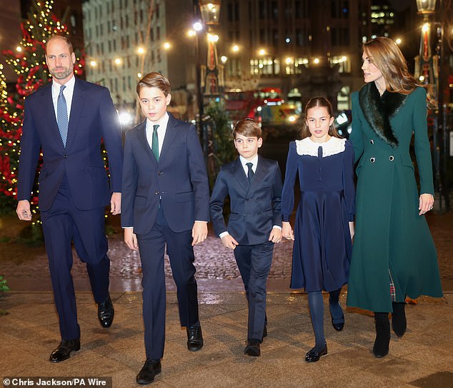 Pictured: The Prince and Princess of Wales with their three children, Prince George, 12, Princess Charlotte, 10 and Prince Louis, seven