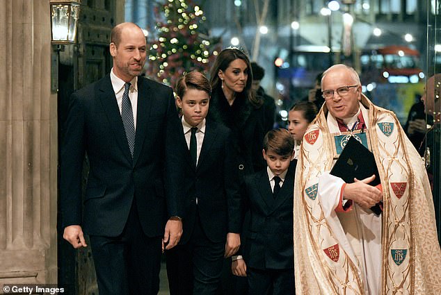 Princes George and Louis followed their father, Prince William, into Westminster Abbey this evening