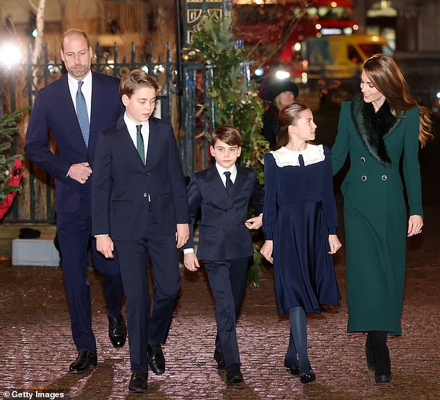 Pictured: Prince William, Prince of Wales, Prince George of Wales, Prince Louis of Wales, Princess Charlotte of Wales and Catherine, Princess of Wales attend the 'Together At Christmas' Carol Service at Westminster Abbey