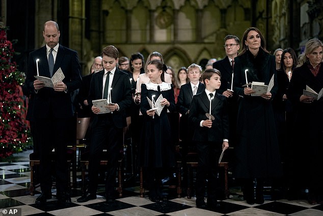 The Prince and Princess and their three children, Prince George, Princess Charlotte and Prince Louis, led the congregation at the carol service