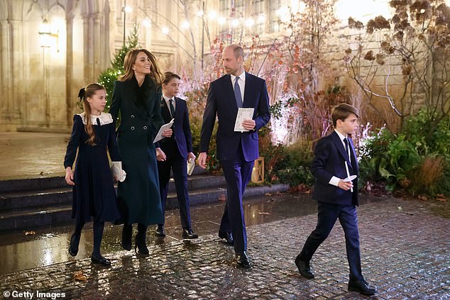 Prince William and Princess Catherine leave Westminster Abbey with their three children, with little Prince Louis leading the way