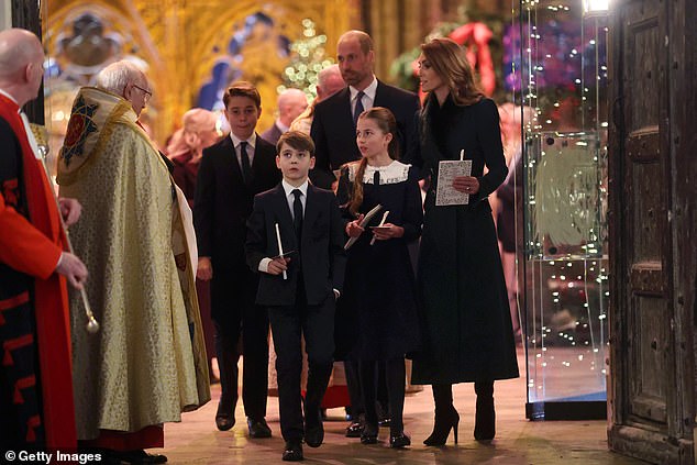 Prince William and Princess Catherine departed the carol service with their three children tonight