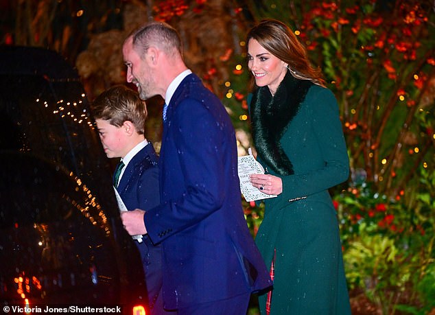The family was in high spirits as they enjoyed the carol service - and were pictured smiling on departure