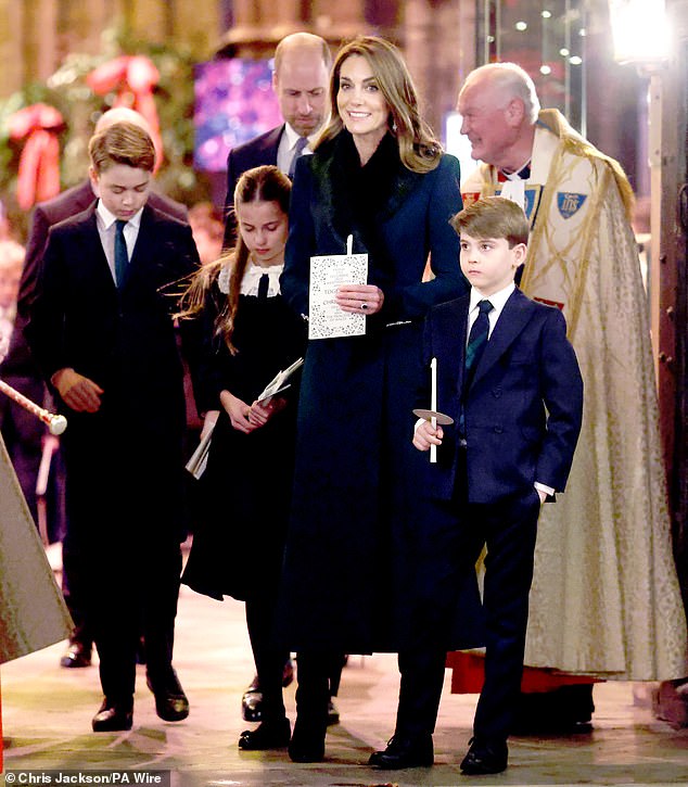 The Prince and Princess of Wales left with their children, Princess Charlotte, Prince George and Prince Louis