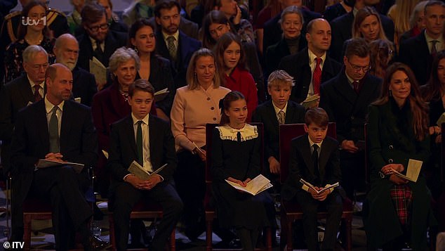 The Prince and Princess of Wales and children George (centre left), Charlotte and Louis (centre right) attended the service at Westminster Abbey on December 5