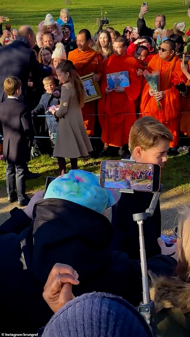 The touching exchange came as senior members of the Royal Family attended the annual Christmas Day church service at St Mary Magdalene Church