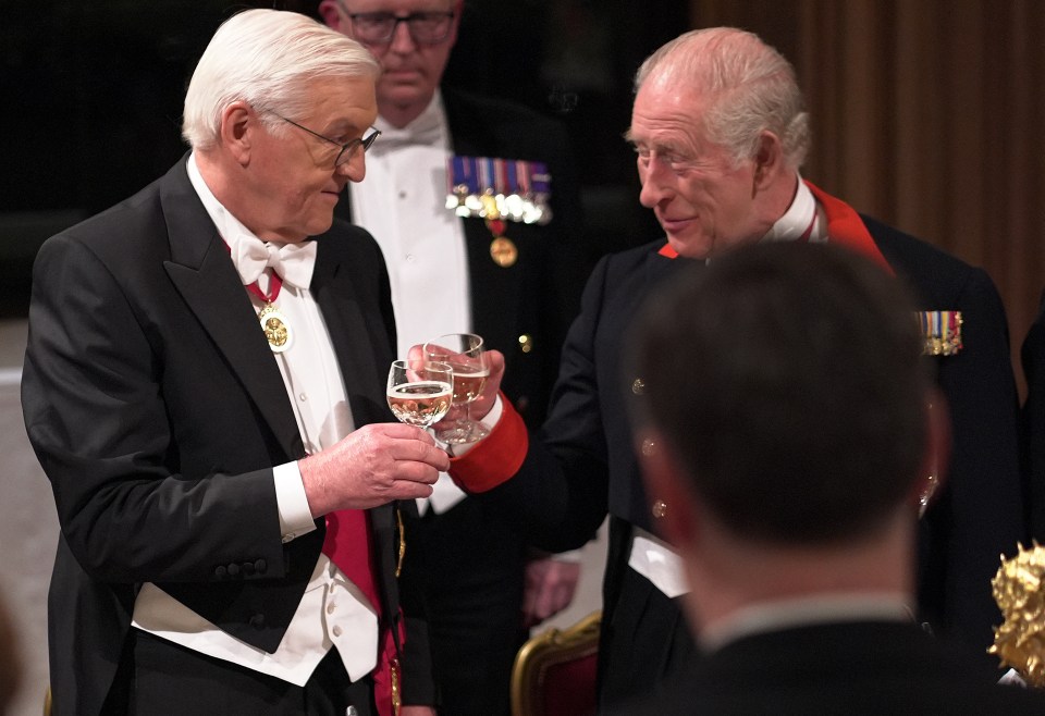 King Charles III and German President Frank-Walter Steinmeier toast glasses at Windsor Castle.
