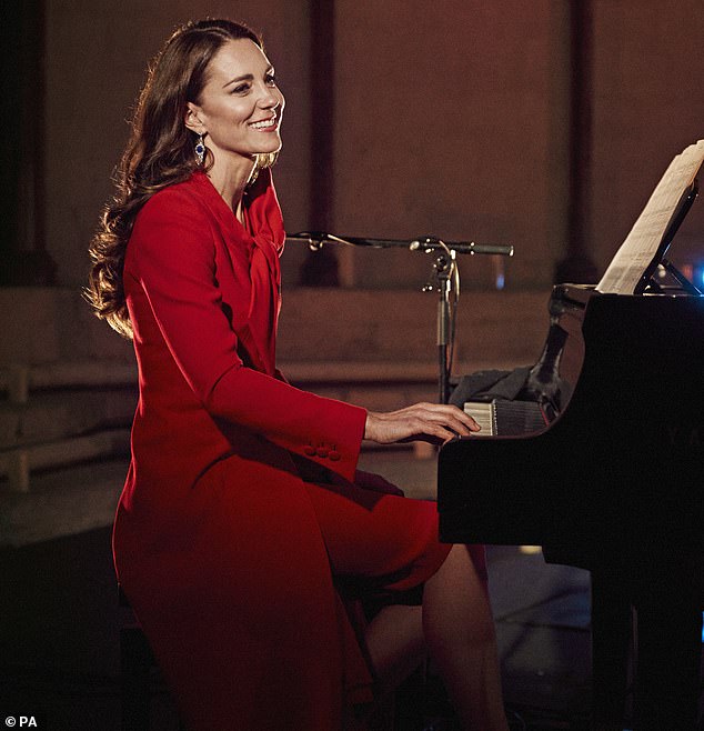 Kate has played the piano at previous festive concerts including in 2021 when she put on a touching performance at a Westminster Abbey service (pictured)
