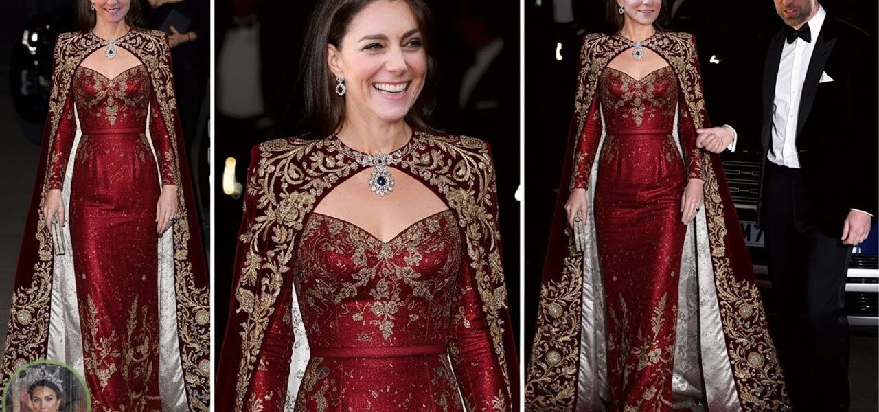 Princess Catherine DAZZLES in Crimson Cape Gown and Queen’s Jewelry Set at Windsor Castle State Banquet