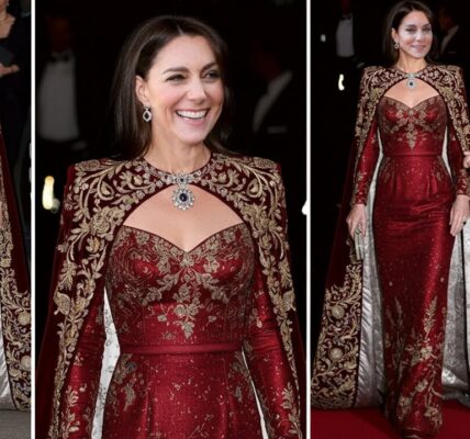 Princess Catherine DAZZLES in Crimson Cape Gown and Queen’s Jewelry Set at Windsor Castle State Banquet