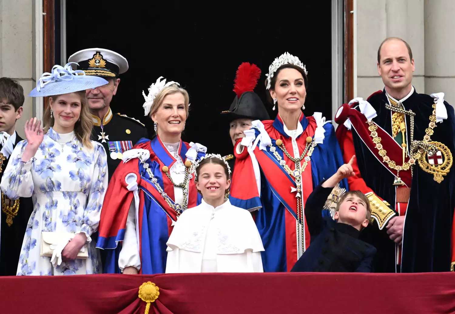 James, Earl of Wessex, Lady Louise Windsor, Duchess Sophie, Princess Charlotte, Princess Kate, Prince Louis, and Prince William