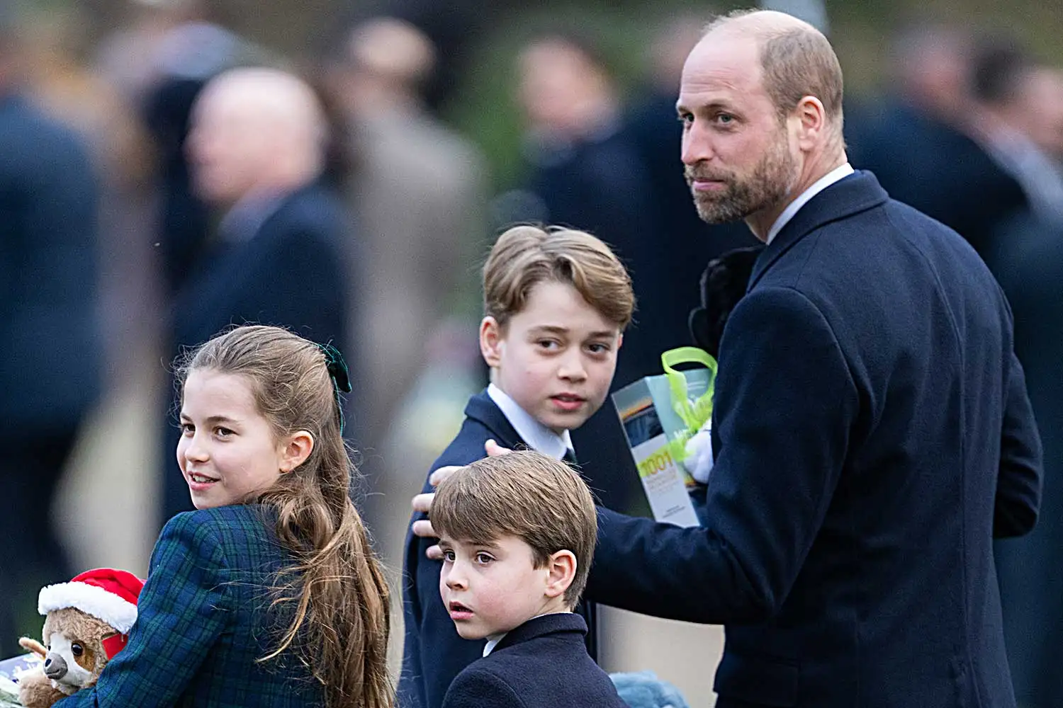Princess Charlotte of Wales, Prince Louis of Wales, Prince George of Wales and Prince William, Prince of Wales attend the Christmas Morning Service at Sandringham Church on December 25, 2024 in Sandringham, Norfolk.