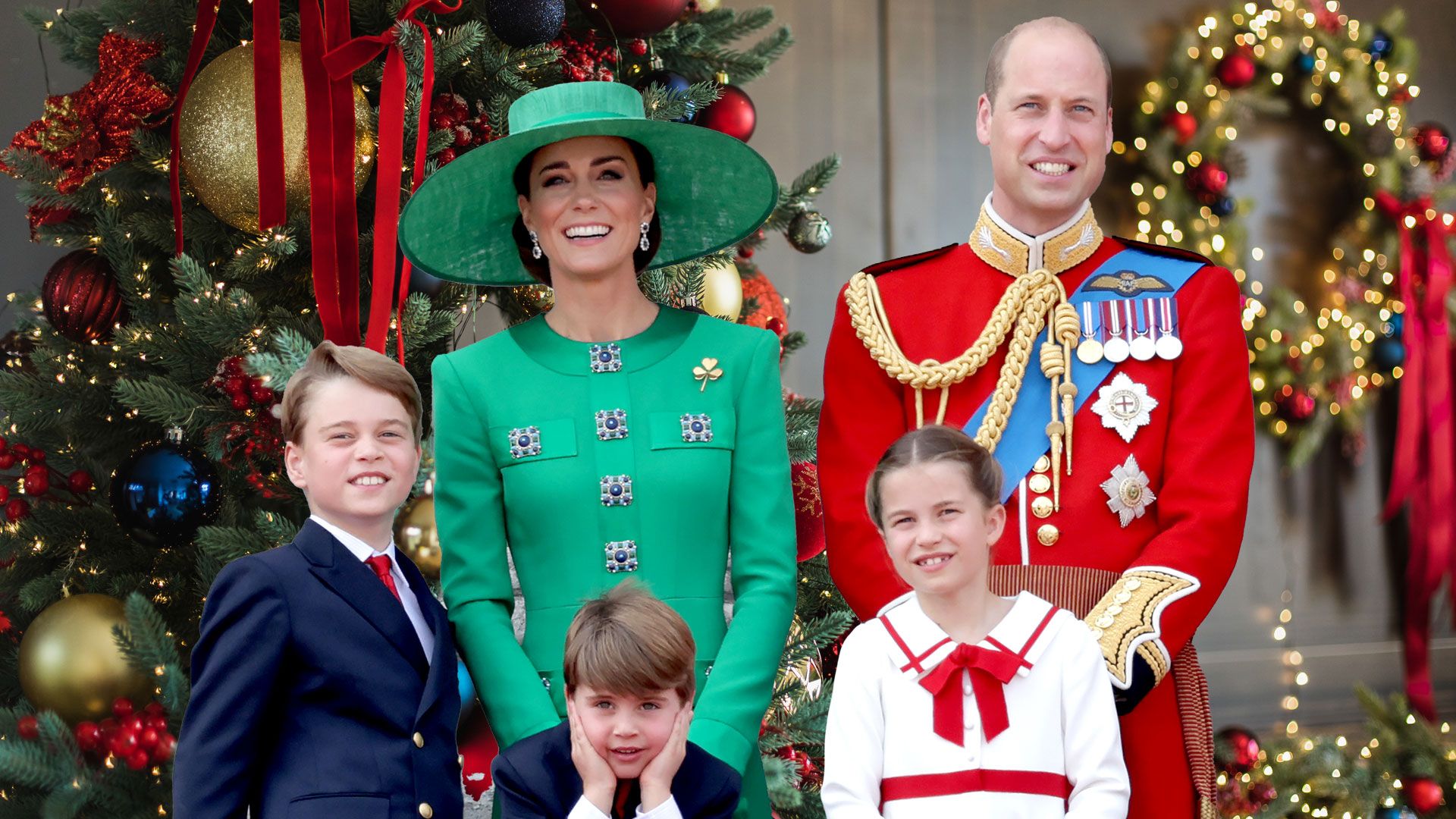 prince william, princess kate and their children with christmas tree backdrop