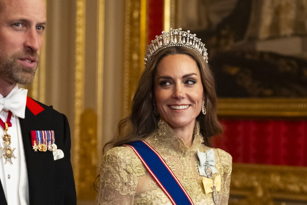 The Prince and Princess of Wales during the state visit by Donald Trump on Sept. 17, wearing a beige gown.