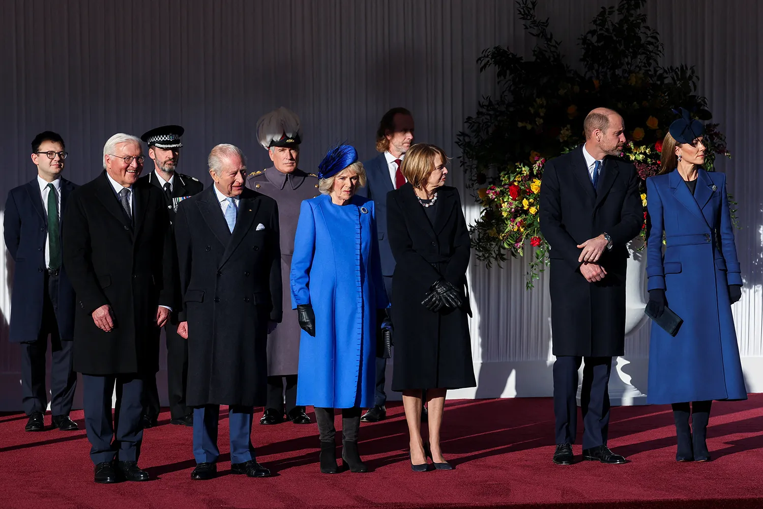 King Charles III (4th L), Queen Camilla (6th L), Prince William, Prince of Wales (2nd R), Catherine, Princess of Wales (R), German President Frank-Walter Steinmeier (L) and his wife Elke Buedenbender (3rd R) attend a welcome ceremony on the Royal Dais at Datchet Road, during Steinmeier's state visit to Britain on December 3, 2025 in Windsor, England