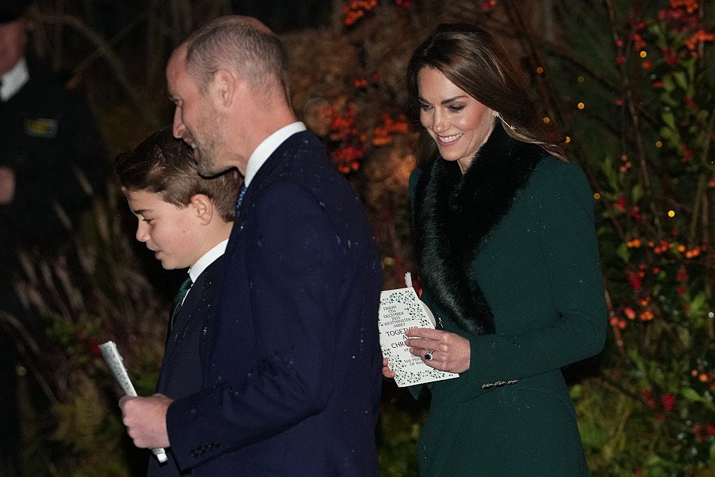 britains prince george of wales (l), britains prince william, prince of wales (c) and britains catherine, princess of wales (r) depart after the fifth annual together at christmas carol service at westminster abbey in london on december 5, 2025. (photo by carlos jasso / afp via getty images)