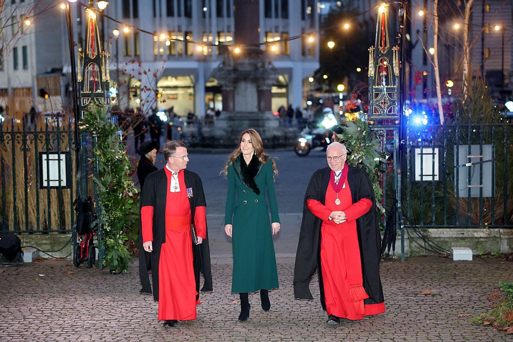 london, england december 05: paul baumann cbe lvo, catherine, princess of wales and dean of westminster, the very reverend dr david hoyle attend the together at christmas carol service at westminster abbey on december 05, 2025 in london, england. led by the princess and supported by the royal foundation, the annual event offered a chance to pause and reflect on the values of love, compassion, and the connections we share. the service also highlighted remarkable individuals from across the uk who have demonstrated extraordinary kindness, empathy, and support within their communities. (photo by chris jackson/getty images)