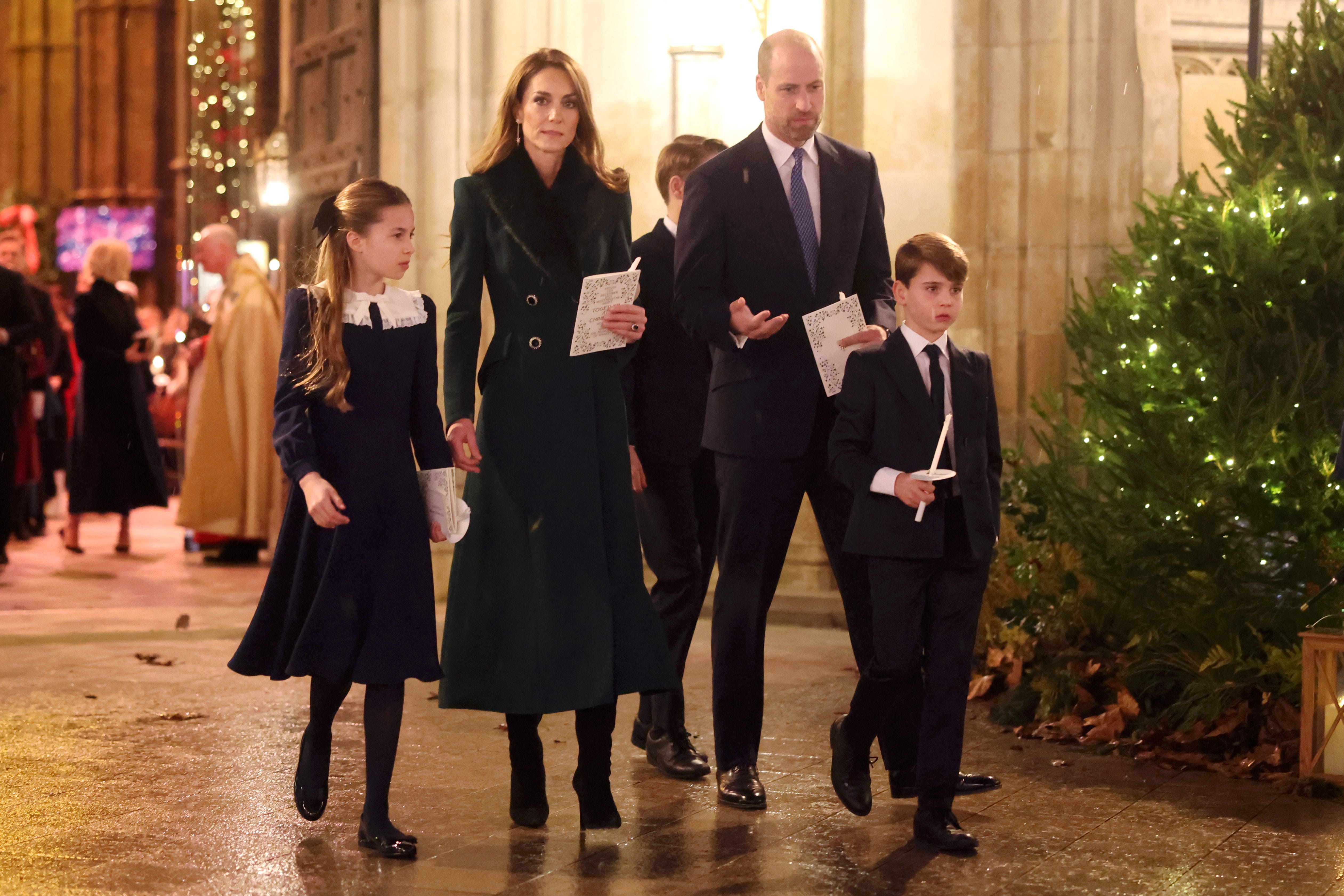 london, england december 05: princess charlotte of wales, catherine, princess of wales, prince william, prince of wales and prince louis of wales depart from the together at christmas carol service at westminster abbey on december 05, 2025 in london, england. led by the princess and supported by the royal foundation, the annual event offered a chance to pause and reflect on the values of love, compassion, and the connections we share. the service also highlighted remarkable individuals from across the uk who have demonstrated extraordinary kindness, empathy, and support within their communities. (photo by chris jackson/getty images)