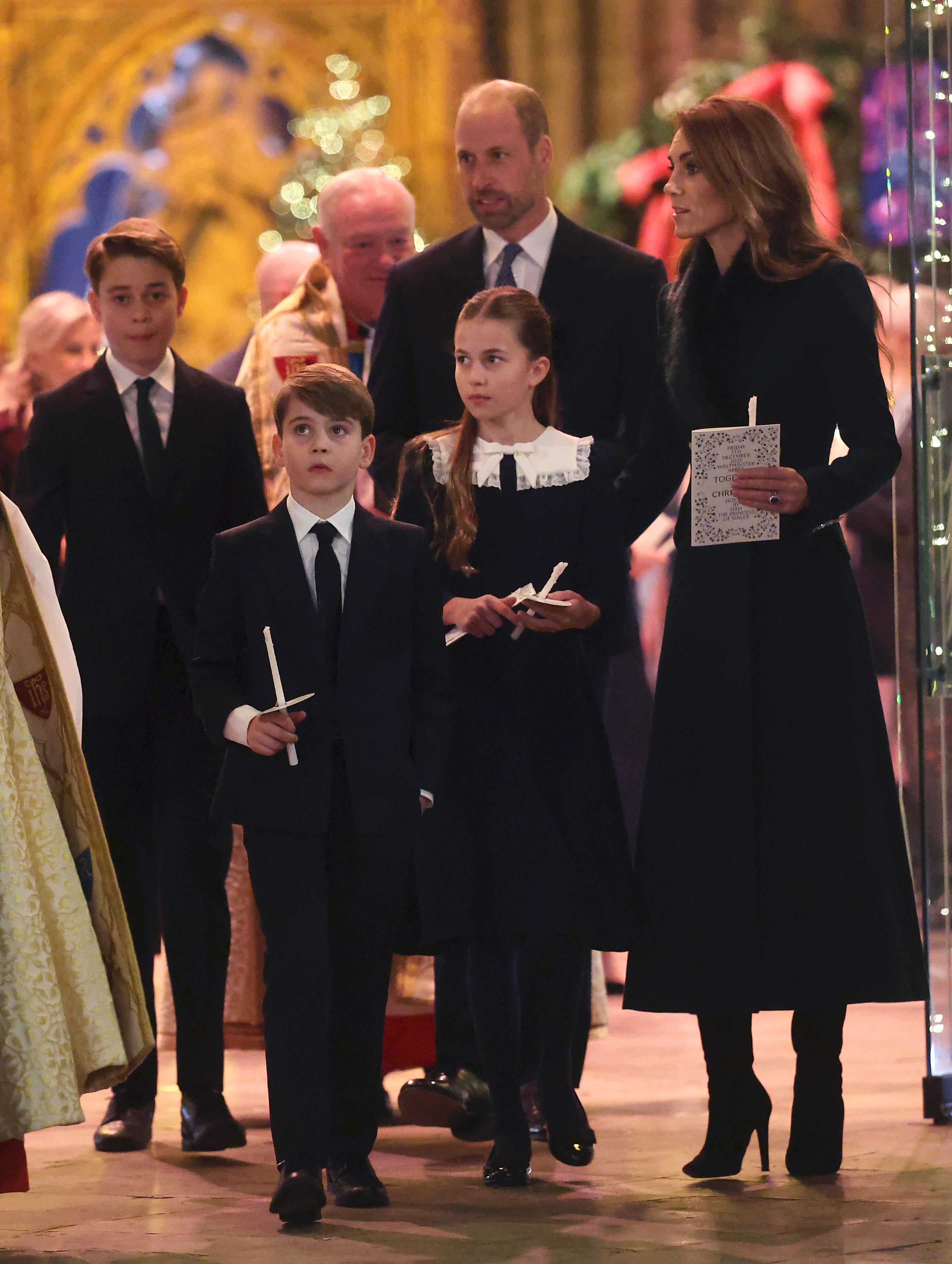 london, england december 05: prince george of wales, prince louis of wales, prince william, prince of wales, princess charlotte of wales and catherine, princess of wales depart from the together at christmas carol service at westminster abbey on december 05, 2025 in london, england. led by the princess and supported by the royal foundation, the annual event offered a chance to pause and reflect on the values of love, compassion, and the connections we share. the service also highlighted remarkable individuals from across the uk who have demonstrated extraordinary kindness, empathy, and support within their communities. (photo by chris jackson/getty images)