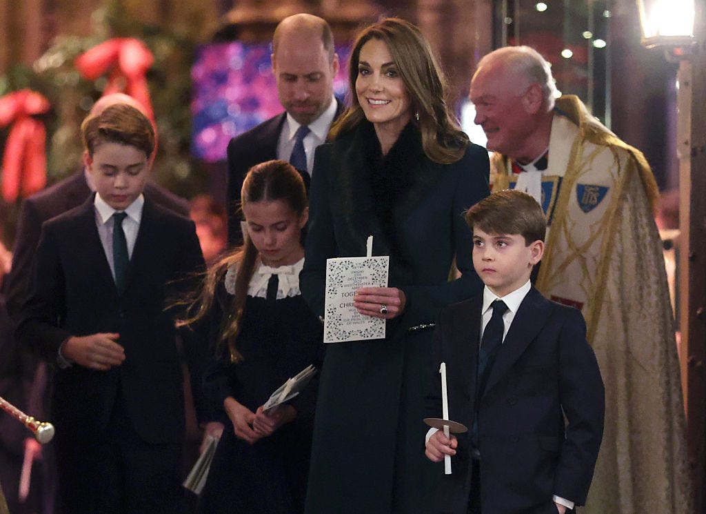 london, england december 05: prince george of wales, princess charlotte of wales, prince william, prince of wales, catherine, princess of wales and prince louis of wales depart from the together at christmas carol service at westminster abbey on december 05, 2025 in london, england. led by the princess and supported by the royal foundation, the annual event offered a chance to pause and reflect on the values of love, compassion, and the connections we share. the service also highlighted remarkable individuals from across the uk who have demonstrated extraordinary kindness, empathy, and support within their communities. (photo by chris jackson/getty images)