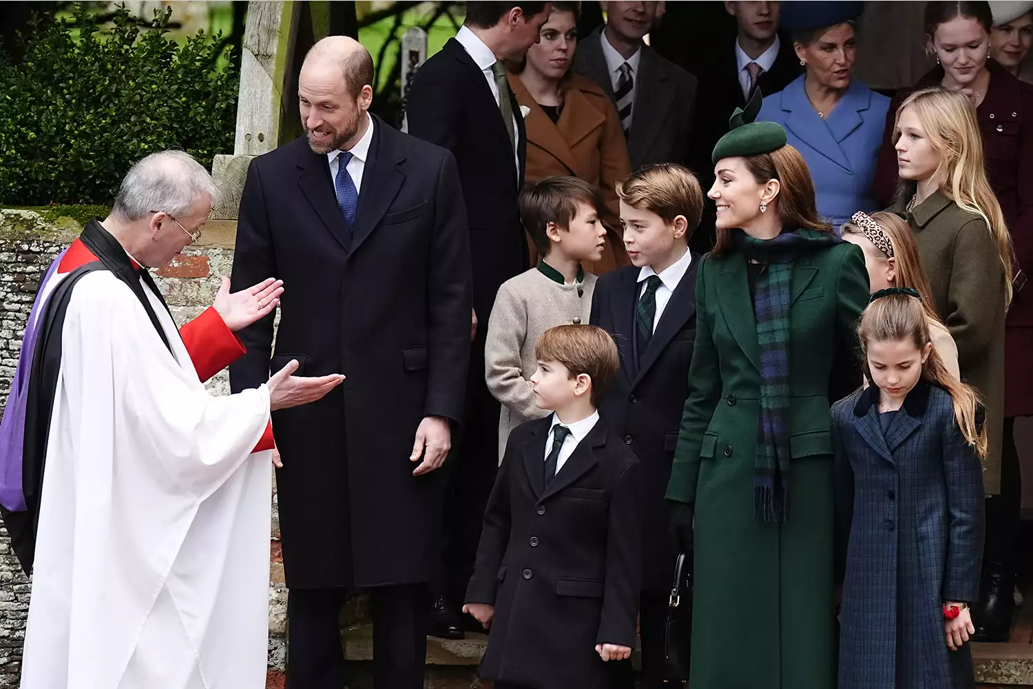 The Prince of Wales, Prince Louis, Prince George, the Princess of Wales and Princess Charlotte following the Christmas Day morning church service at St Mary Magdalene Church in Sandringham