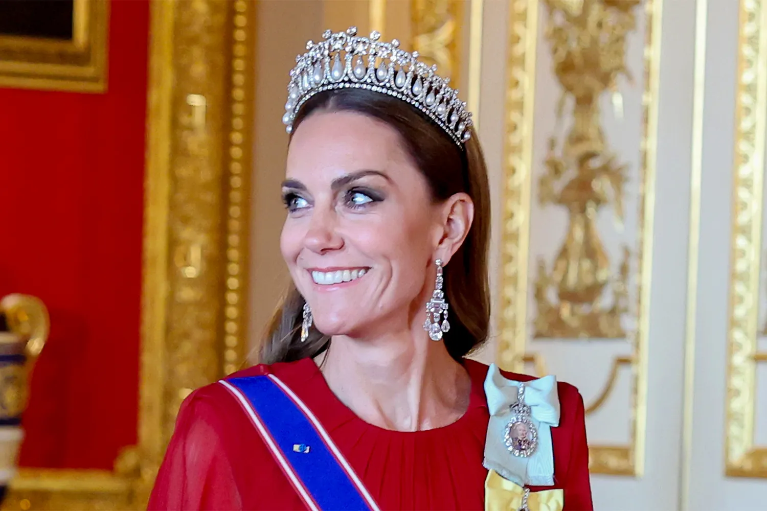 Catherine, Princess of Wales attends the State Banquet at Windsor Castle on July 08, 2025 in Windsor, England.