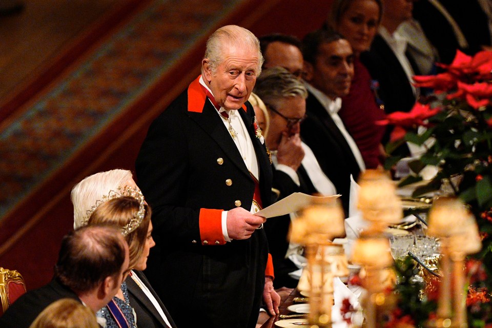 King Charles III speaking at a state banquet for German President Frank-Walter Steinmeier and his wife Elke Budenbender.