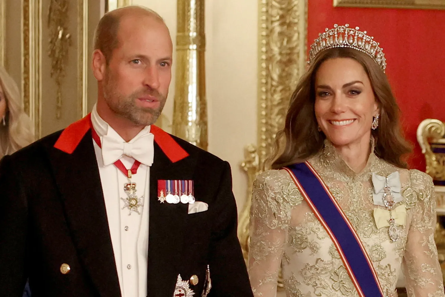 Prince of Wales and Catherine, Princess of Wales walk to attend the State Banquet at Windsor Castle during the State visit by the President of the United States of America on September 17, 2025 in Windsor, England.