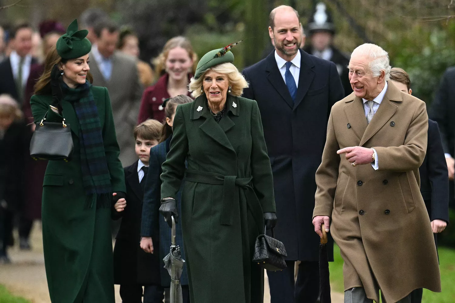 Britain's King Charles III, Britain's Queen Camilla, Britain's Prince William, Prince of Wales Britain's Catherine, Princess of Wales and Britain's Prince Louis of Wales react upon arrival to attend the Royal Family's traditional Christmas Day service at St Mary Magdalene Church in Sandringham, Norfolk, eastern England, on December 25, 2024.