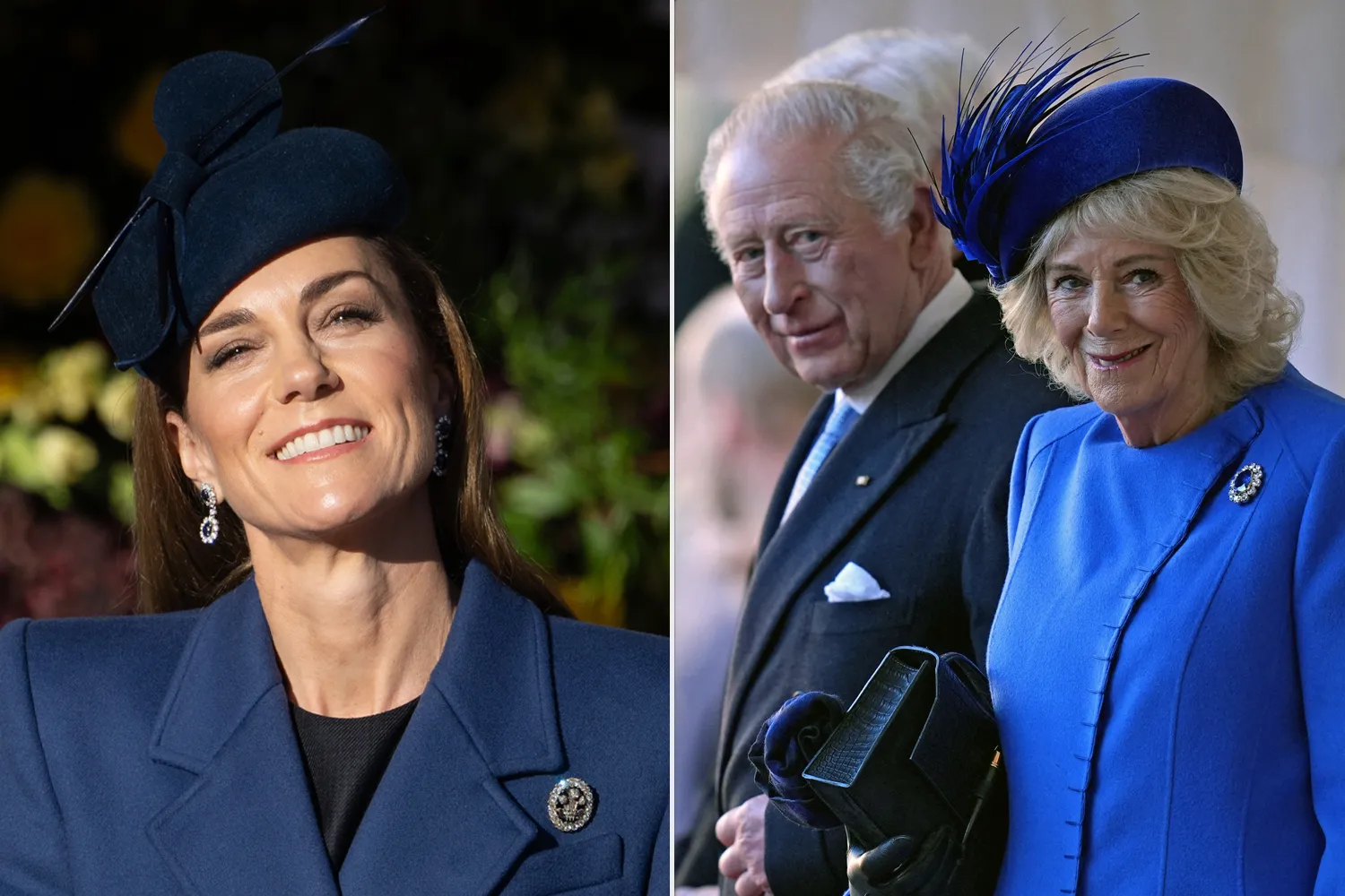 Catherine, Princess of Wales ahead of the ceremonial welcome for the state visit to the UK of the President of the Federal Republic of Germany; King Charles III and Britain's Queen Camilla react during a Ceremonial Welcome for Germany's President in the Quadrangle at Windsor Castle 