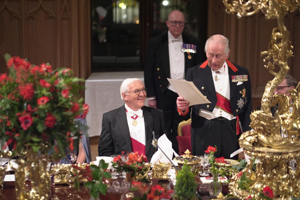 King Charles III speaking, with German President Frank-Walter Steinmeier (left), during a state banquet at Windsor Castle.