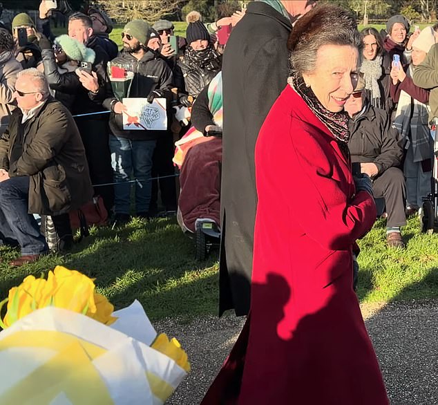 Princess Anne is being showered with compliments for her 'humble' reaction to a fan giving her a bouquet during the royal walkabout at Sandringham on Christmas Day
