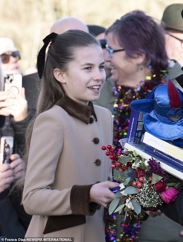 Princess Charlotte, ten, put on a confident display as she chatted with well-wishers on December 25