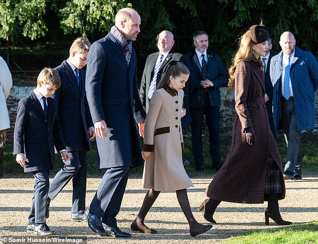 Pictured: Prince George, Prince Louis, Prince William, Princess Catherine, and Princess Charlotte of Wales attend the Christmas Morning Service at Sandringham Church on December 25