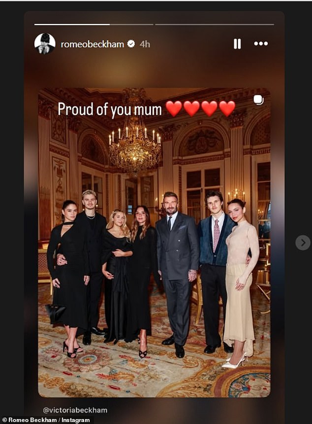 Showing his support, Victoria's middle son Romeo wrote 'Proud of you mum'