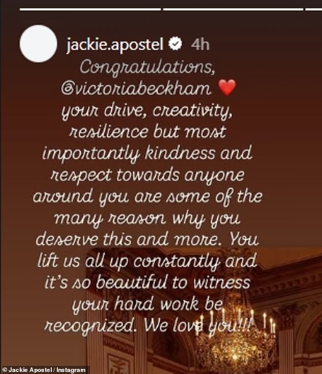 Cruz's girlfriend Jackie told Victoria: 'your drive, creativity, resilience but most importantly kindness and respect towards anyone around you are some of the many reasons why you deserve this and more'