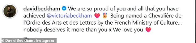 David, meanwhile, reposted the photos and wrote: 'We are so proud of you and all that you have achieved @victoriabeckham'